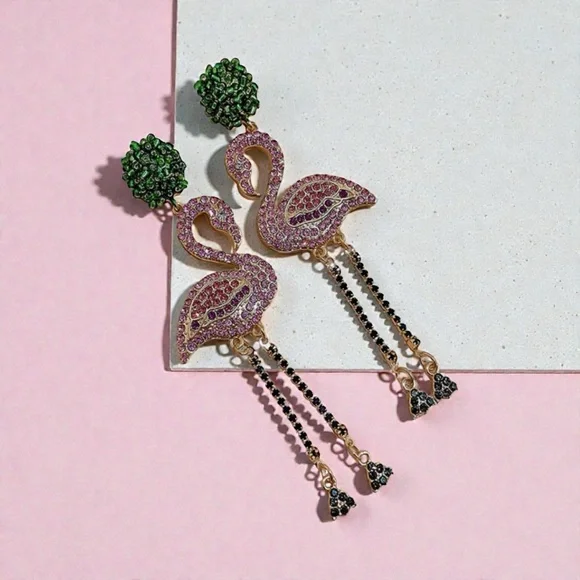 Rhinestone Pink Flamingo Dangle Drop Statement Stud Post Earrings NEW - Picture 3 of 5